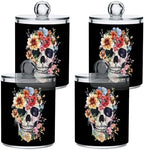 Fustylead 4 Pack Retro Floral Skull Watercolor Qtip Holder Dispensers for Cotton Swab, Ball, Round Pads, Floss, Plastic Apothecary Jar Set for Bathroom Canister Storage by Fustylead