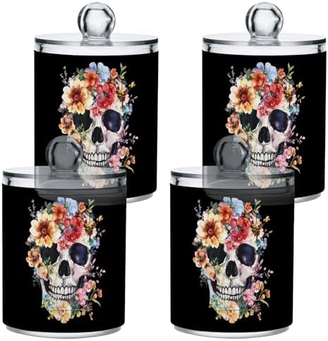 Fustylead 4 Pack Retro Floral Skull Watercolor Qtip Holder Dispensers for Cotton Swab, Ball, Round Pads, Floss, Plastic Apothecary Jar Set for Bathroom Canister Storage by Fustylead