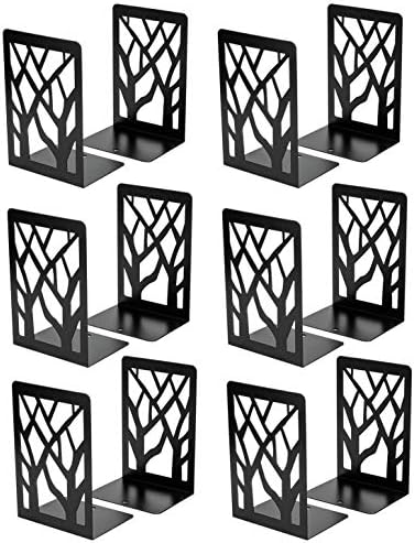MaxGear Book Ends Tree Design Modern Bookends for Shelves, Non-Skid Bookend, Heavy Duty Metal Book Stopper for Books/CDs, Decorative Book Shelf Home, 7 x 4.7 x 3.5”, Black (6 Pair/12 Pieces, Large) by MaxGear