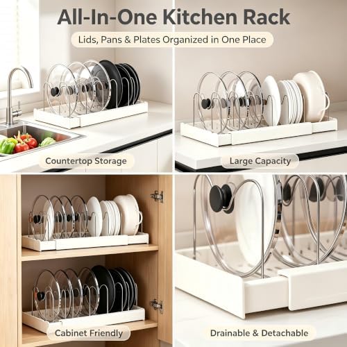 Expandable Pot Lid Organizer for Cabinet, Adjustable Cookware Organizer with 9 Removable Stainless Steel Dividers for Pans, Cutting Boards, Baking Sheets & Container Lids - Image 2