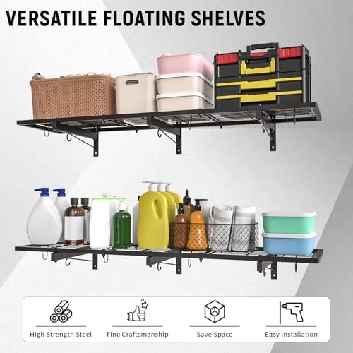 2 Pack Garage Wall Shelves, 46"X 12.5" Garage Shelving Wall Mounted, Heavy Duty Shelf Organizer with 8 Hooks, Black Floating Storage Metal Rack 320 LBS Capacity for Laundry Room, Office, Basement - Image 3