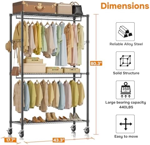 Simple Deluxe Rolling Clothes Rack, Heavy Duty Clothing Rack, 3-Shelf Portable Adjustable Wardrobe Closet with Wheels, Hanging Rods & Side Hooks, 43.3" W x 17.7" D x 80.3" H, Black - Image 6