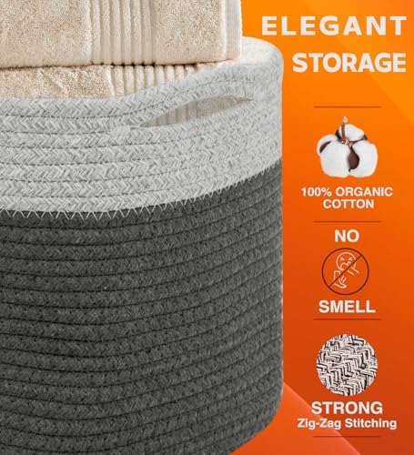 CHAT BLANC Cotton Rope Baskets for Organizing I Storage Baskets for Shelves | Rope Basket for Storage, Small Laundry Baskets, Woven Baskets for Storage, Dog Toy Bin, Baby Basket, Gray & Graphite 3Pack - Image 2