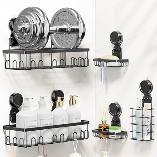 JOTPE Shower Caddy 5 Pack, No-Drill Suction Shower Organizer, Black by SHOWERORGANIZERANDSTORAGE