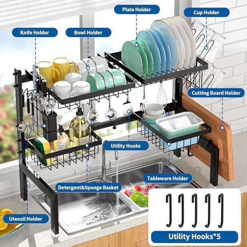 Over The Sink Dish Drying Rack,Expandable 2-Tier Stainless Steel Over The Sink Dish Rack with Utensil Holder Dish Drainers for Kitchen Counter - Image 2