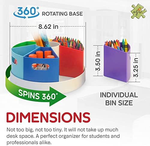 Kids Art Supply Storage Organizer with Dividers – 8.6" Rotating Lazy Susan Caddy for Crayons, Markers & Pencils - Image 3