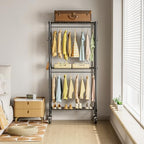 Simple Deluxe Rolling Clothes Rack, Heavy Duty Clothing Rack, 3-Shelf Portable Adjustable Wardrobe Closet with Wheels, Hanging Rods & Side Hooks, 29.5" W x 15.7" D x 75.6" H, Black - Image 2