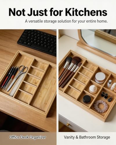 Expandable Bamboo Silverware Drawer Organizer, 5-7 Compartments - Image 3