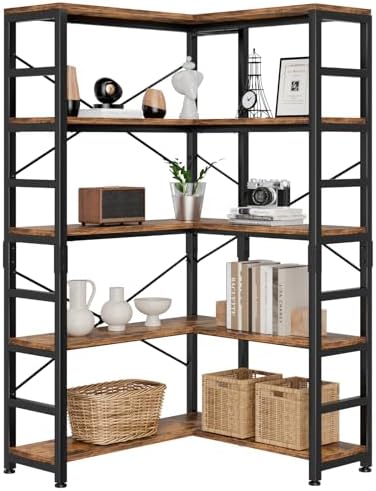NUMENN 5-Tier Corner Bookshelf, L-Shaped Corner Bookcase, Vintage by NUMENN