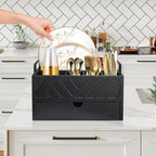Paper Plate Dispenser with Drawer, Paper Plate Holder for Kitchen Counter, Wood Rustic Silverware Utensil Caddy, Cutlery Flatware Organizer for Cup Spoon Fork Plates Napkins, Black Kitchen Accessories - Image 3