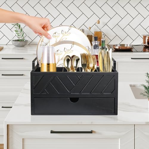 Paper Plate Dispenser with Drawer, Paper Plate Holder for Kitchen Counter, Wood Rustic Silverware Utensil Caddy, Cutlery Flatware Organizer for Cup Spoon Fork Plates Napkins, Black Kitchen Accessories - Image 3