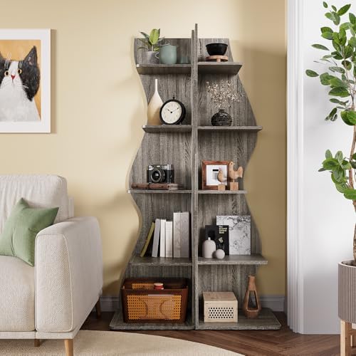 LITTLE TREE 70-Inch Corner Shelf, Seaweed Shaped Etagere Display Bookshelf, Freestanding 5-Tier Wall Shelves for Small Spaces, Living Room, Bedroom, Grey, 1 Pack - Image 4