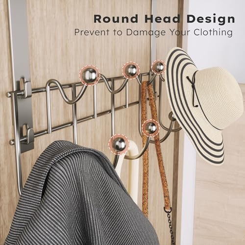 Consumest Over The Door Hooks Organizer - 3 Tier Door Hanger with 9 Coat Hooks & 2 Mesh Basket, Back Storage Organizer Hanging Towels for Bathroom, Bedroom, Sand Nickel - Image 4