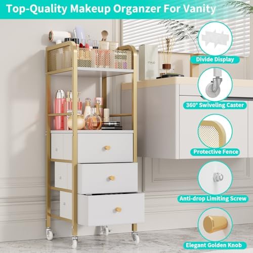 HapiRm Rolling Makeup Cart Organizer - Floor Skincare Make Up Storage with 3 Non-Woven Fabric Drawers, Vanity Organizer Cosmetic Display Cases Holder for Skin Care Perfume Nail Polish Brush Hair Tool - Image 6