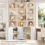 FINETONES 74" Tall Corner Bookshelf, White Bookshelf with Doors - Image 5