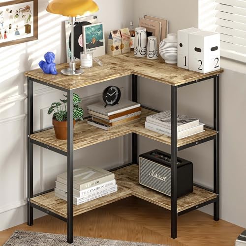 VECELO Corner Cabinet Table with 3 Tier Open Shelf, Multipurpose Display Organizer Storage Stand, for Small Space Living Room Home Office Kitchen,Oak Grey by VECELO