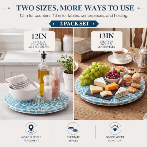 Domensi 2 Pack Mother of Pearl Lazy Susan Turntable Organizer,Blue Petals - Image 2