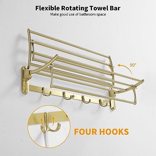 BESy Towel Racks with Foldable Towel Bar Hooks, Wall Mounted Brushed Gold - Image 5