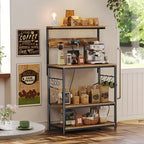 SUPERJARE Bakers Rack with Power Outlets, Microwave Stand, 31.5 X 16.5 Inch Larger Desktop, Kitchen Storage Rack with Adjustable Middle Shelf, 6 S-Shaped Hooks, Coffee Bar Stand, Rustic Brown - Image 4