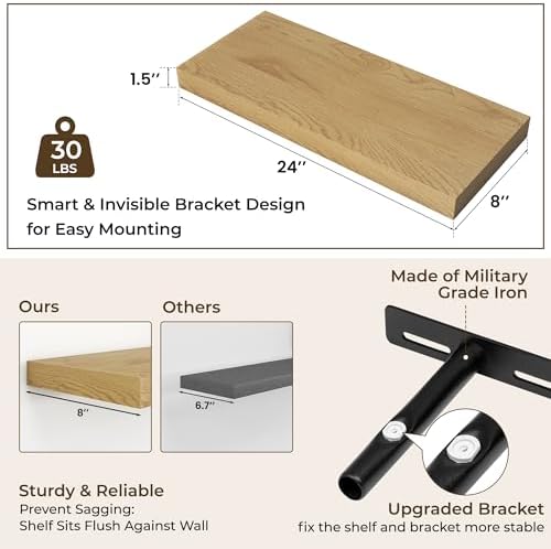 RICHFOCUS 24Inch Floating Shelves for Wall 2Pack, Oak, 8" Deep - Image 3