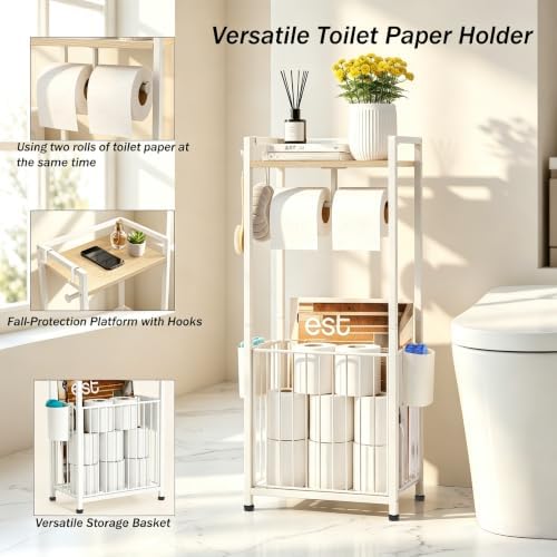 Freestanding Toilet Paper Holder Stand with Hooks & Storage:Large Capacity - Image 5