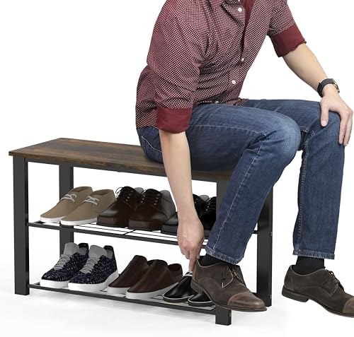 Simple Houseware Wooden Top Shoe Rack Bench for Entryway, Rustic Brown - Image 4