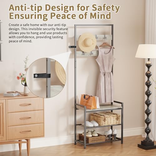 Hall Tree with Shoe Storage Bench - Entryway Bench with Coat Rack and Hooks - 3-in-1 Small Hall Tree for Entry Way, Entrance, Hallway, Doorway, Front Door, Mudroom, Small Space - Greige - Image 5