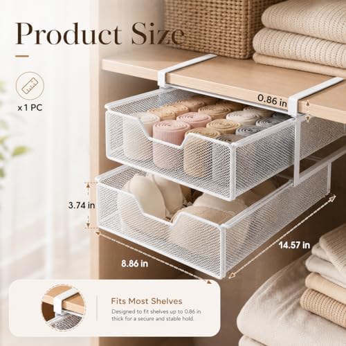 Double Layer White Closet Pull-Out Basket, Under Shelf Hanging Wire Mesh Drawer, Space-Saving Wardrobe Organizer for Socks, Underwear & Bras, 14.6 x 8.9 in - Image 5