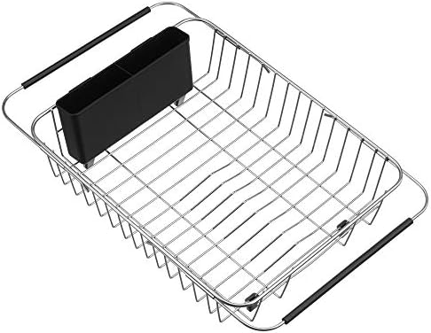 SANNO Expandable Dish Drying Rack Over the Sink Dish Drainer Dish Rack in Sink or On Counter with Utensil Silverware Storage Holder, Rustproof Stainless Steel by SANNO