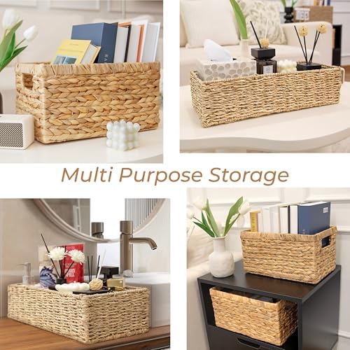 2-Pack Handwoven Water Hyacinth Storage Baskets with Handles, Wicker Bins for Pantry Organization, Shelf or Closet Organizer, Decorative Boho Rectangular Basket 13.5" x 8" - Image 4