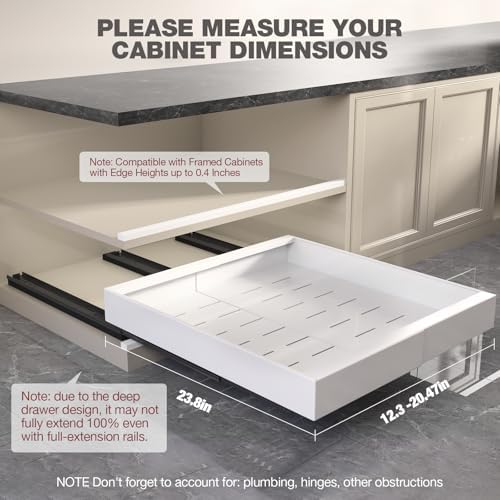 Seinloes 2 Pack Pull Out Cabinet Organizer 24" Deep,Full Extension 3 Slide Rails Slide Out Drawers With Raising Pad for Framed Cabinets,Expandable Width (12.3"-20.5"),No Drill Roll Out Shelf,White - Image 4