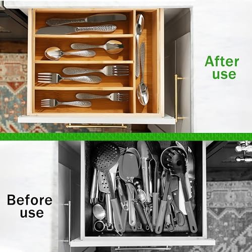 Greenual Silverware Organizer 10 In Utensil Organizer Silverware Tray for Drawer Cutlery Flatware Organizer for Kitchen Bamboo Wood 2 Pack - Image 4