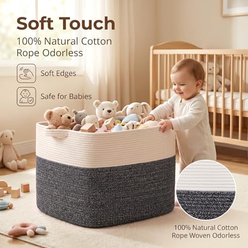 OIASKET 108L Cotton Rope Storage Basket for Living Room and Bedroom 25"x16"x16" Woven Laundry Basket, Heavy Duty Bin for Blankets, Pillows & Toys, Pet-Safe & Scratch-Free, Dark Grey and White - Image 4