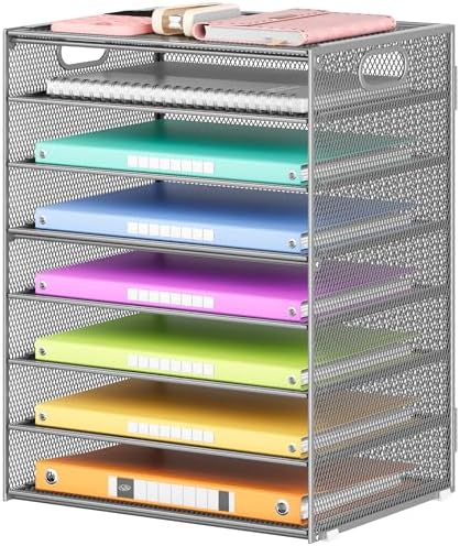 Lavatino 8-Tier Office Desk File Organizer, Letter Tray Paper Organizer with Handle, Including 5 Adjustable Slide Trays for Organizing Desktop Workspace Accessories and Supplies (Silver Metal Mesh) by Lavatino