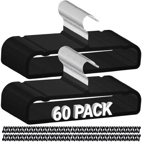 60 Pack Black Velvet Felt Pants Hangers with 60 Hooks, Heavy Duty Space Saving Clothes Hangers with 360° Swivel Hook, Non Slip Thin Cute Flocked Design for Shirts, Coats, Dresses & Closet Organization by Unknown