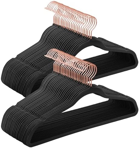 SONGMICS Velvet Hangers 50 Pack, Non-Slip with Rose Gold-Colored Swivel Hooks, Slim Space-Saving for Closet, Heavy-Duty, Black UCRF026B50 by VASAGLEbySONGMICSHOME
