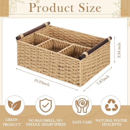 Remerry Beige Bathroom Countertop Organizer Caddy, Wicker-Like Divided Basket with Handle and Metal Frame, 4 Compartment, Paper Rope Storage Organizer for Vanity Kitchen (10.24 x 7.87 x 3.94 in) - Image 2