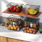 Stackable Wire Metal Baskets Sturdy Cabinet Organizer Wire Pantry Freezer Bin with Handle for Kitchen Fruit Vegetable Organization, Black, 3Packs - Image 2
