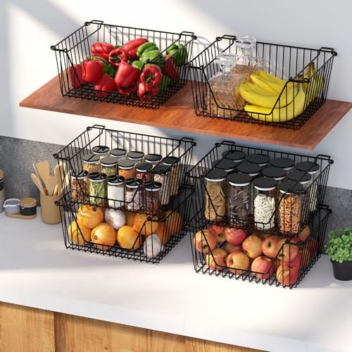Stackable Wire Metal Baskets Sturdy Cabinet Organizer Wire Pantry Freezer Bin with Handle for Home Bathroom Kitchen Fruit Vegetable Organization, Black, 2Packs - Image 2