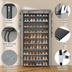 VTRIN Tall Shoe Rack with Cover, 10 Tier Shoe Organizer Storage for 50-55 Pairs Shoes and Boots Large Capacity Shoe Shelf with 8 Pockets Free Standing Shoe Rack for Closet, Entryway, Garage, Grey - Image 4