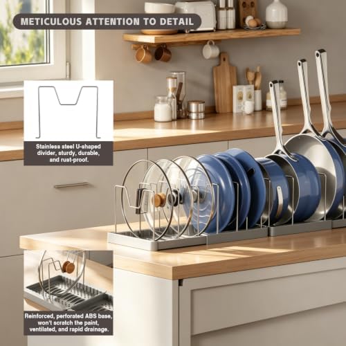 Magheo 1 Pack Expandable Food Storage Container Lid Organizers, 31.3" Pots and Pans Organizer Under Cabinet with 12 Adjustable Dividers Pot and Pan Lid Holders Rack Inside Cabinet(Gray) - Image 5