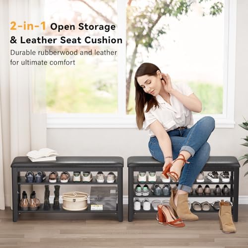 Taitiy Shoe Bench with 3 Tier Adjustable Shelves Rubberwood Entryway 31.5'' - Image 3
