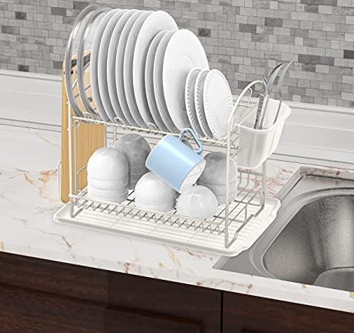 Simple Houseware 2-Tier Dish Rack with Drainboard, White - Image 3