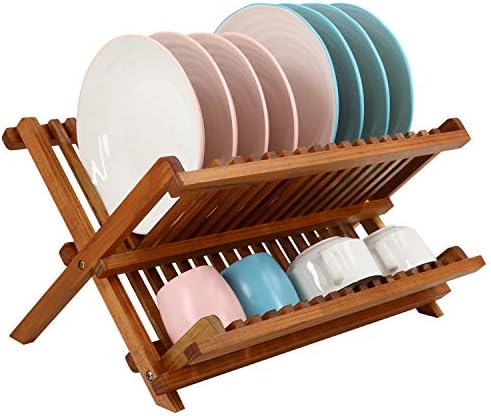 Utoplike Teak Wood Dish Drying Rack, Foldable Plate Organizer Countertop by Utoplike