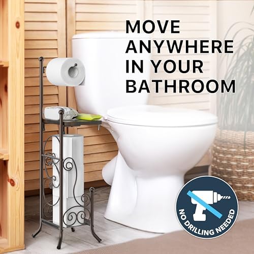 Simple Houseware English Style Toilet Paper Stand Holder w/Woodtop, Bronze - Image 3