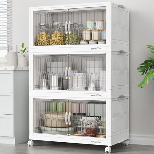 BROVIEW 300Qt Stackable Storage Bins with Lid, Extra Large Closet Organizer Collapsible Drawer Boxes with Wheels, Folding Plastic Cabinet Containers for Home Kitchen Room Organization, 3Pack White by BROVIEW-EnjoytheArtofLife