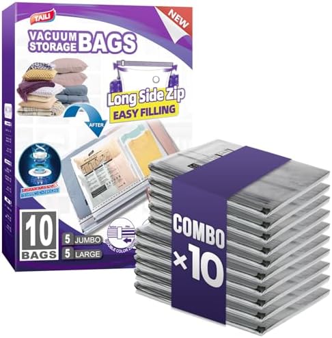 TAILI 10 Pack Vacuum Storage Bags, 2 Size Combo(5 Large+5 Jumbo), Clear by TAILI