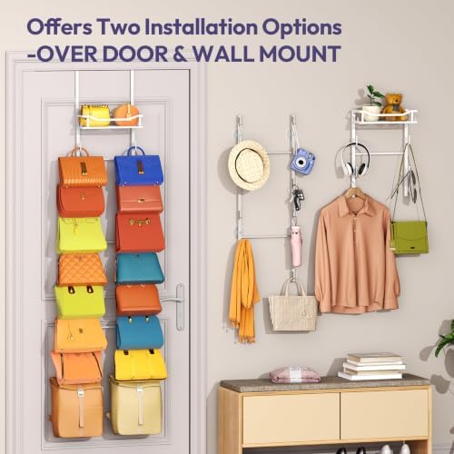 SWTYMIKI Over The Door Purse Organizer - Wall Mounted Purse Rack with 16 Hooks and Metal Basket, Handbag Hanger Organizer Holds up to 16 Bags, Bag Rack Can Use As 1/2 Part, for Door, Closet - Image 6