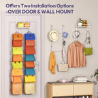 SWTYMIKI Over The Door Purse Organizer - Wall Mounted Purse Rack with 16 Hooks and Metal Basket, Handbag Hanger Organizer Holds up to 16 Bags, Bag Rack Can Use As 1/2 Part, for Door, Closet - Image 6