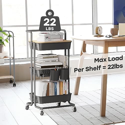 DTK 3 Tier Rolling Cart Uility Cart with Cover Board, Mobile Storage Cart with Wheels, Cups, Hooks for Office Utility Kitchen Bathroom Homeschool Art Craft Postpartum Teacher Cart Organizer(Black) - Image 5